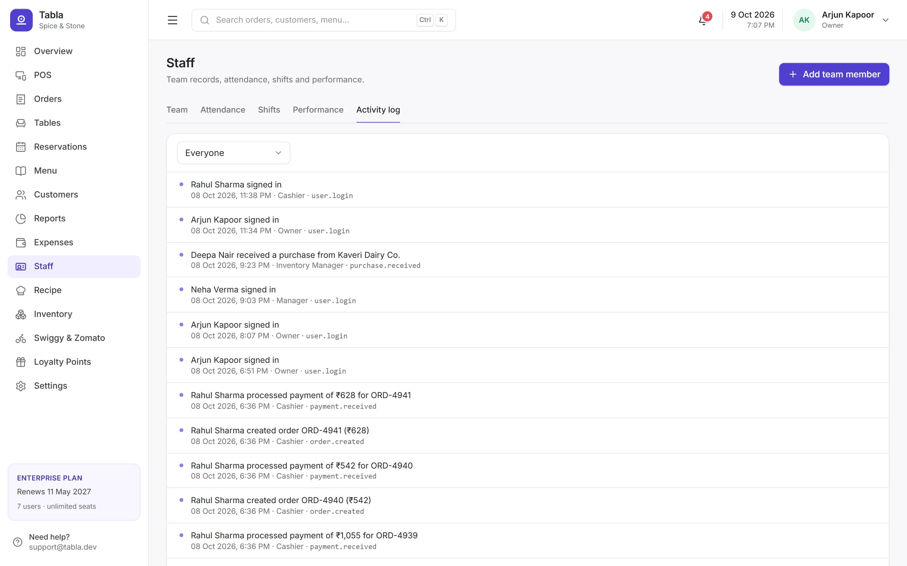 Staff activity log listing sign-ins, payments, purchases and orders with names, roles and times